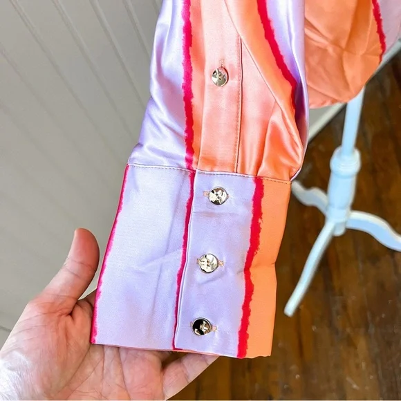 Entro In Your Heart Peach Orange Striped Blouse Silky Satin Top - Picture 4 of 8